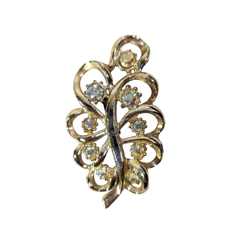 Vintage 1960s Gold Tone Swirl Leaf Brooch Pin Clear Rhinestones 2" x 1.5" Gift